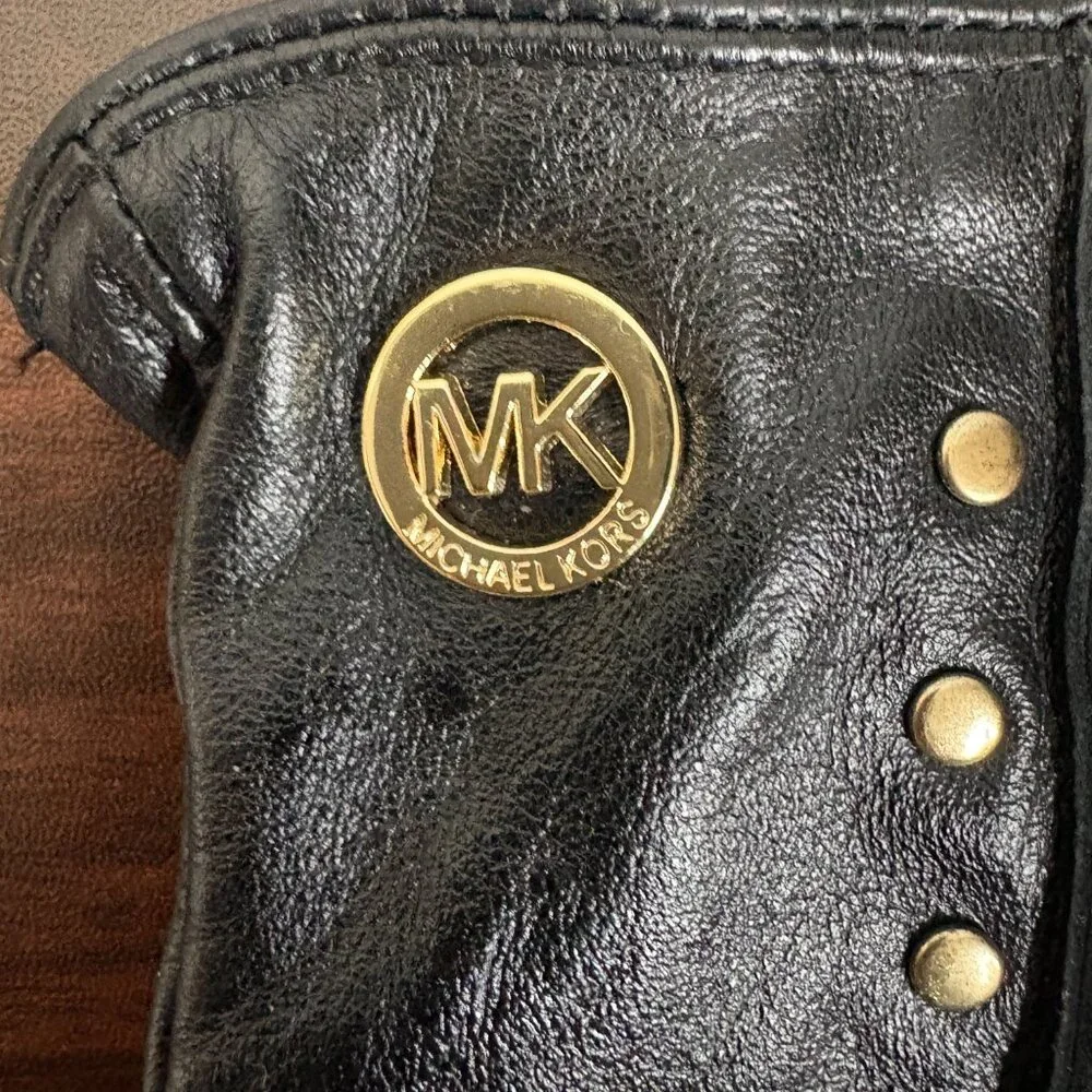 MICHAEL Michael Kors Women's Leather Astor Studded Gloves Black Glam-Rock Chic L